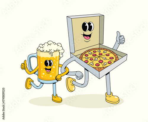 pizza box and beer groovy cartoon illustration