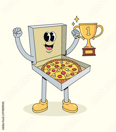 pizza box trophy groovy cartoon illustration