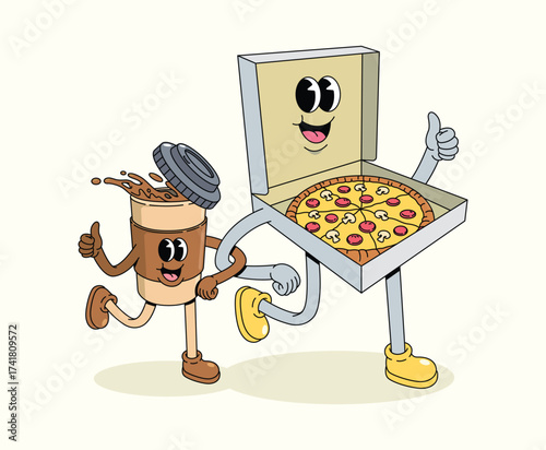 pizza box and coffee groovy cartoon illustration