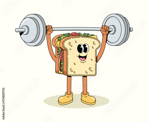 sandwich weightlifting groovy cartoon illustration