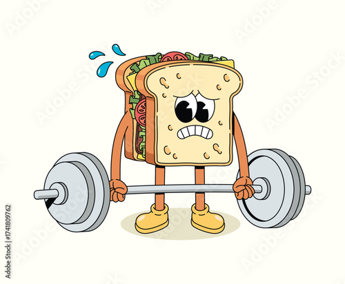 sandwich sad weightlifting groovy cartoon illustration