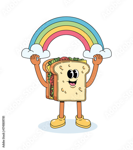 sandwich and rainbow groovy cartoon illustration