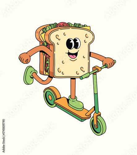 sandwich riding kick scooter groovy cartoon illustration