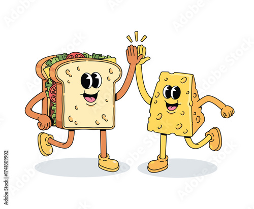 sandwich and cheese high five groovy cartoon illustration