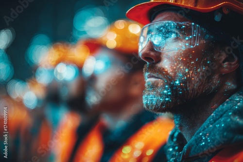 Unified effort: construction workers poised to build a better tomorrow. Sales data. Dawn breaks over a busy construction site as workers prepare in unison. Kpi tracking. Investment analysis.