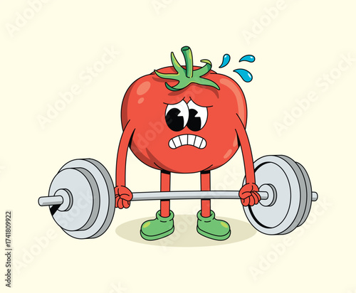 tomato hard weightlifting groovy cartoon illustration