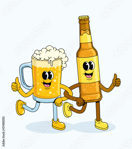 beer mug and beer bottle walk together groovy cartoon illustration