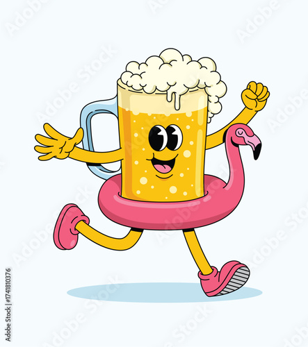 beer float flamingo groovy cartoon illustration
