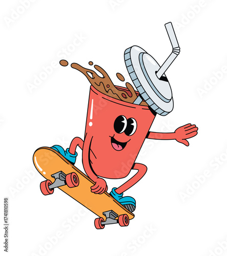 soda drink skateboard groovy cartoon illustration