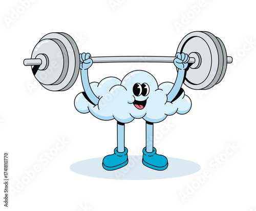 cloud weightlifting groovy cartoon illustration