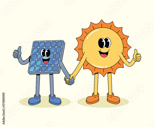 solar panel and sun thumbs up groovy cartoon illustration