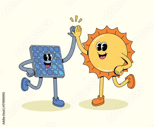 solar panel and sun high five groovy cartoon illustration