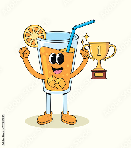 orange drink trophy groovy cartoon illustration