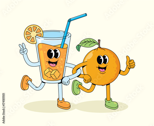 orange and drink walk together groovy cartoon illustration