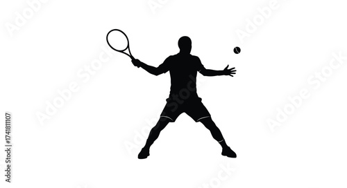 Dynamic silhouette of a tennis player in action ready to serve with ball and racquet high