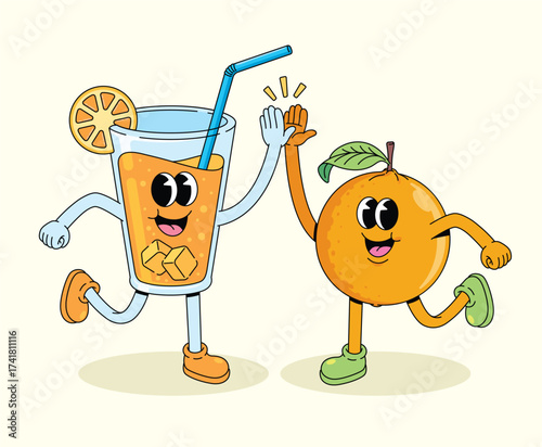 orange and drink high five groovy cartoon illustration