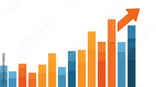 Free Download A bar graph with upward arrow clipart, business growth element, flat design infographic, orange and blue, isolated on white background. - GFXLoad