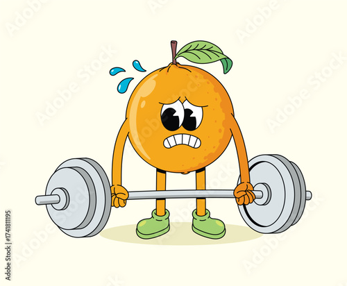orange hard weightlifting groovy cartoon illustration