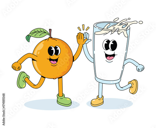 orange and milk high five groovy cartoon illustration