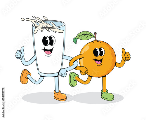 orange and milk walk together groovy cartoon illustration