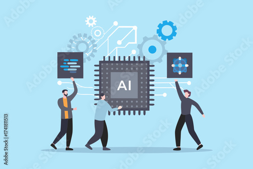 Team of people working together to build and develop artificial intelligence technology and ai chip