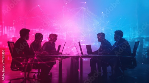 Group of diverse professionals working collaboratively on laptops in a modern futuristic digital conference room with colorful glowing holographic interface