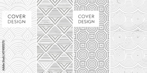 Four distinct abstract geometric patterns in shades of grey and white for graphic design and cover backgrounds