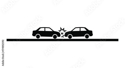 Two silhouette cars collide head on on a road depicting an accident insurance concept