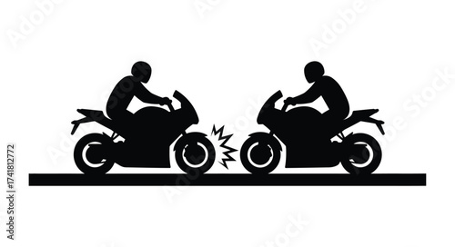 Two motorcyclists in silhouette collide head-on on a road creating a dramatic scene of impact and action