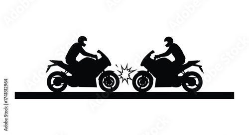 Two silhouette motorcyclists facing off on a road representing competition and speed in motorcycle sports