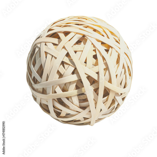 Rubber Band Ball Close-Up: A Woven Sphere of Beige Elasticity on White