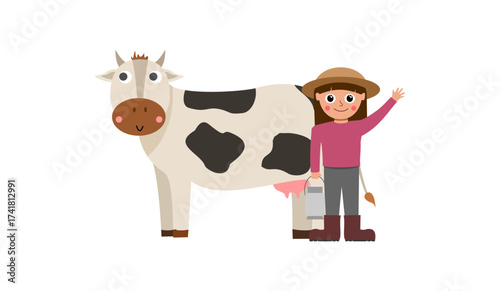 Illustration of a girl milking cow, isolated on white background
