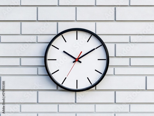 Wallpaper Mural Modern round wall clock with black frame and minimalist design displaying time on a white brick wall background for contemporary interior decor Torontodigital.ca