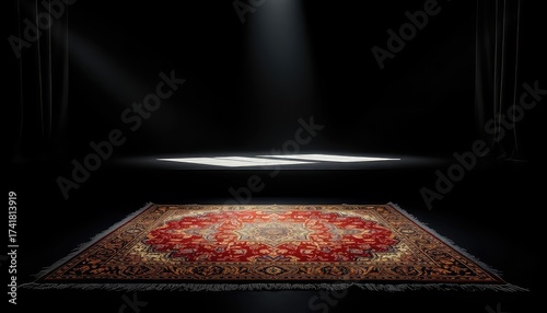 An ornate area rug illuminated by dramatic spotlighting, set against a dark background and draped curtains