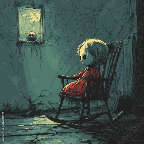 abandoned doll sits forgotten on a rocking chair in a cobweb-filled room, bathed in ghostly light, within a decaying haunted house , vector style simple color