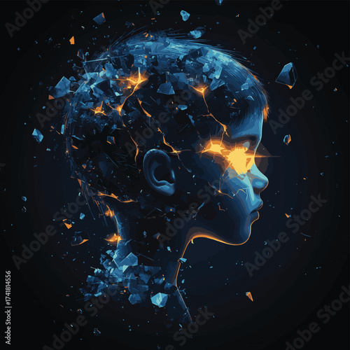 breaking free from fear concept. A surreal image of a child's head made of shattered glass with a glowing core, symbolizing fragility and inner light. , vector style simple color