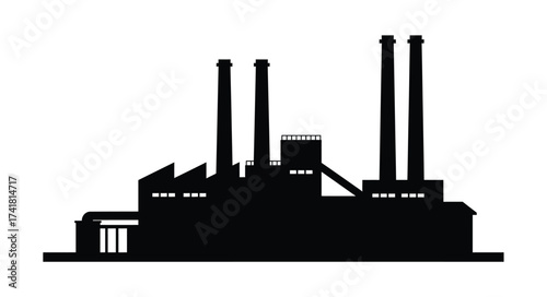 Silhouette of a large industrial factory complex with multiple smokestacks emitting a faint wispy plume