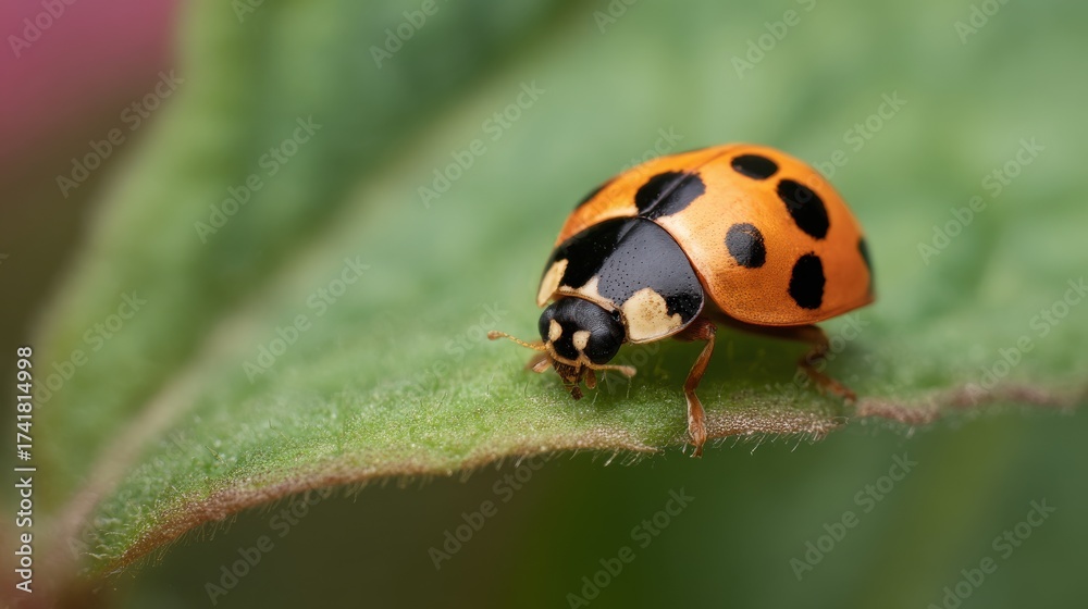 Fototapeta premium A bright orange ladybug with black spots is seen on a green leaf in a garden. The scene is illuminated by soft natural light, enhancing its vibrant colors.