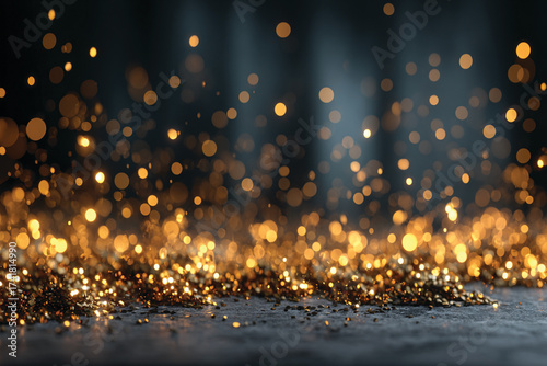 Golden christmas lights on the snow