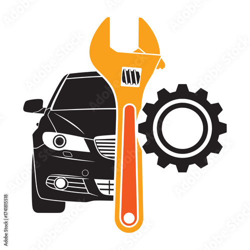 A car with a wrench and gear symbolizing automotive repair vector design on transparent background