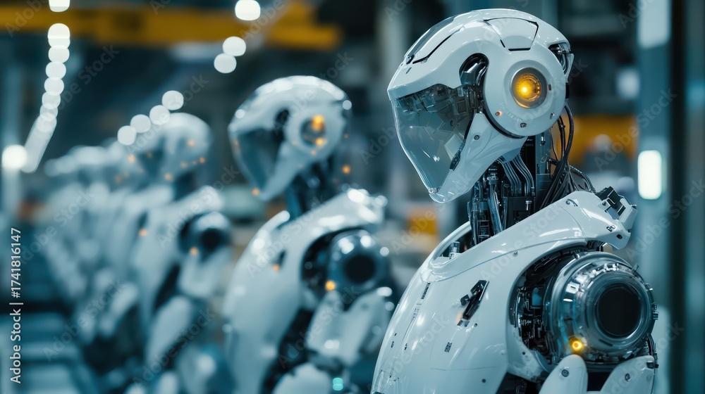 Fototapeta premium Robots assembling in high-tech factory industrial automation futuristic environment close-up view ai development