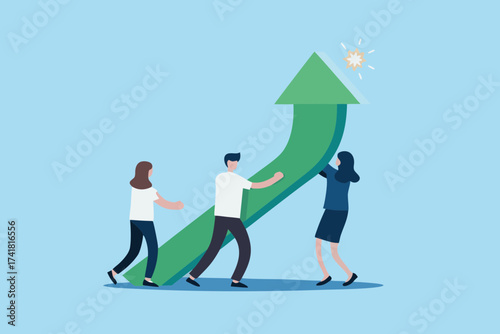 Teamwork and collaboration driving business growth and success with upward trending arrow