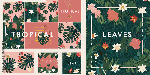 Collection of tropical leaf and flower patterns with flamingo accents and text