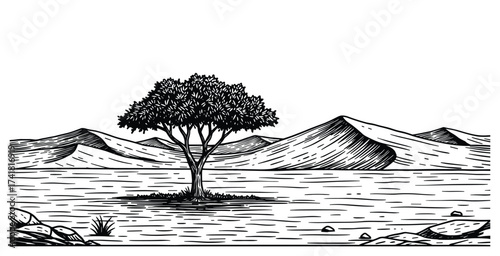 desert landscape with tree and dunes vector illustration