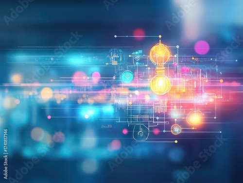 Abstract digital network with glowing interconnected nodes, light trails, and bright colorful points representing data transfer and technology concepts