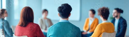 Diverse group of young adults attending a modern classroom discussion or workshop, engaging in learning and collaboration in a contemporary educational environment