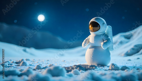 Moon Explorer:  A snowman astronaut stands intrepidly on a moonscape, bathed in the serene glow of the full moon, a whimsical blend of earthly delight and cosmic wonder.