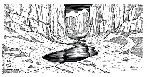Canyon River Landscape Vector Illustration