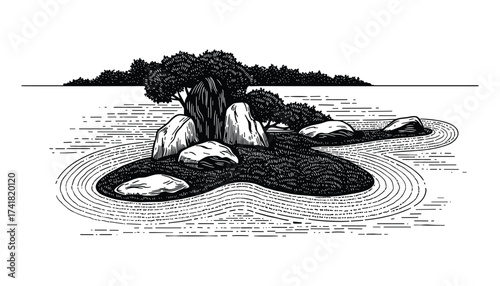 Japanese Zen garden with rocks and trees vector illustration