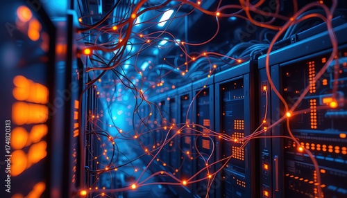 Illuminated wires weave through rows of computer servers, conveying connectivity, data flow, and the complexity of information networks